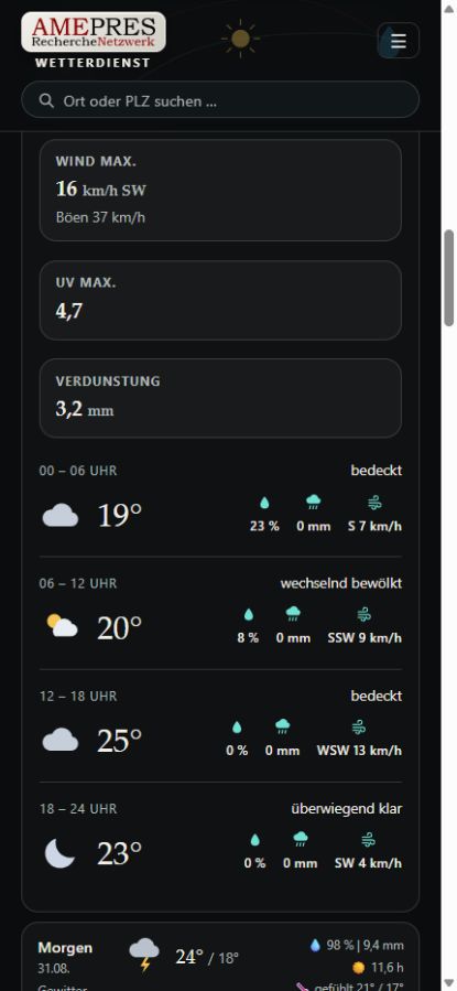 Geöffnete mobile Tagesansicht mit Wetterwerten für einzelne Tagesabschnitte