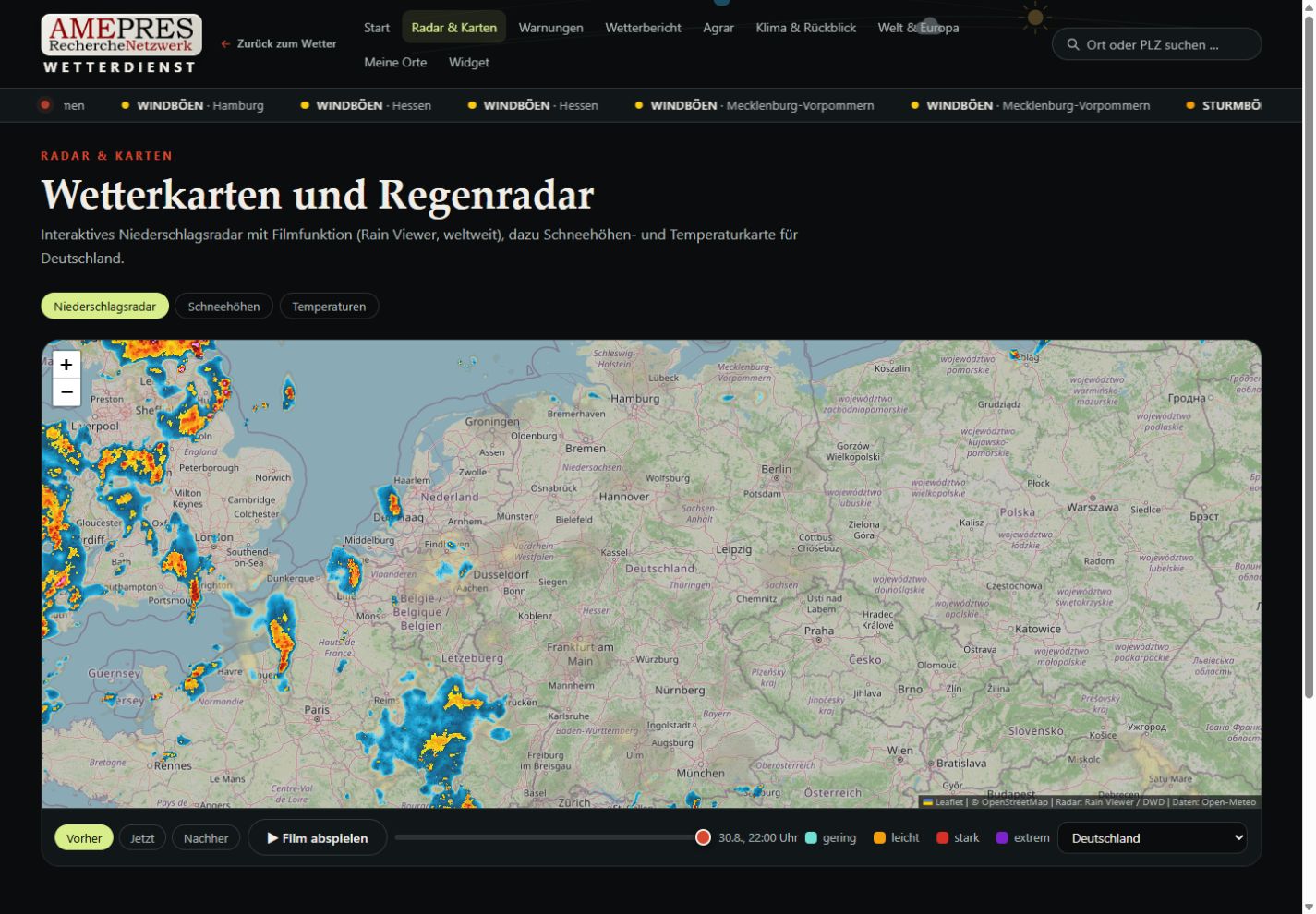 AMEPRES Regenradar mit Wetterkarte und Zeitleiste für vorher, jetzt und nachher