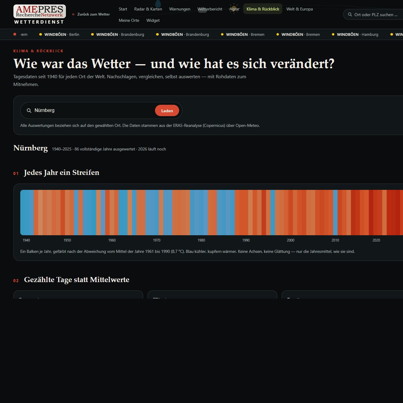 AMEPRES Klima- und Wetterarchiv für Nürnberg mit Klimastreifen seit 1940