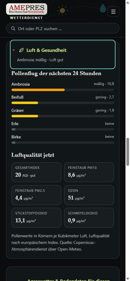 Mobile Ansicht für Luftqualität und Pollenflug im AMEPRES Wetterdienst