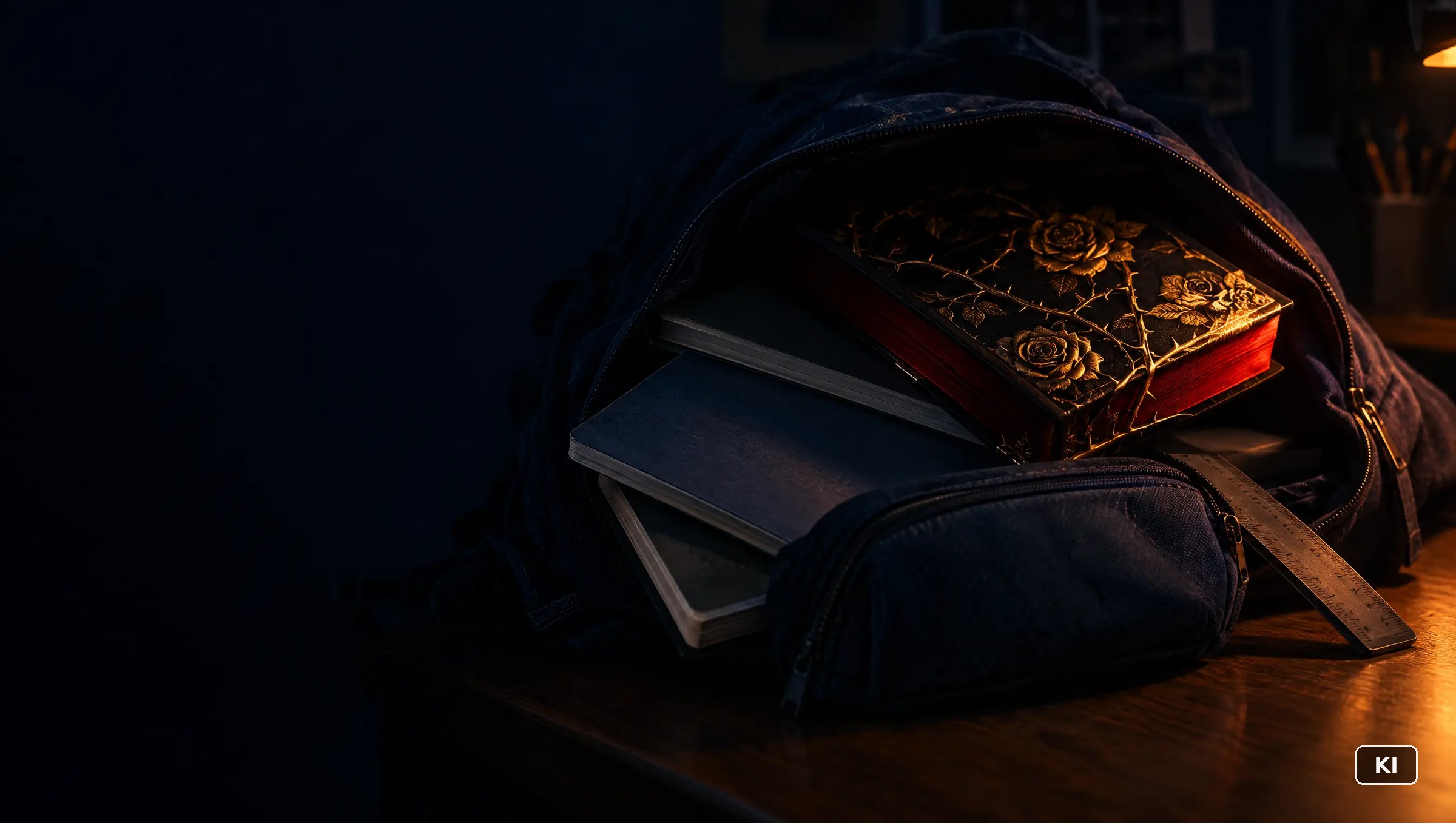 Ein schwarzes Buch mit goldenen Rosenranken und rotem Buchschnitt steckt in einem offenen Schulrucksack auf einem Schreibtisch, daneben Hefte und ein Lineal, im Licht einer Schreibtischlampe