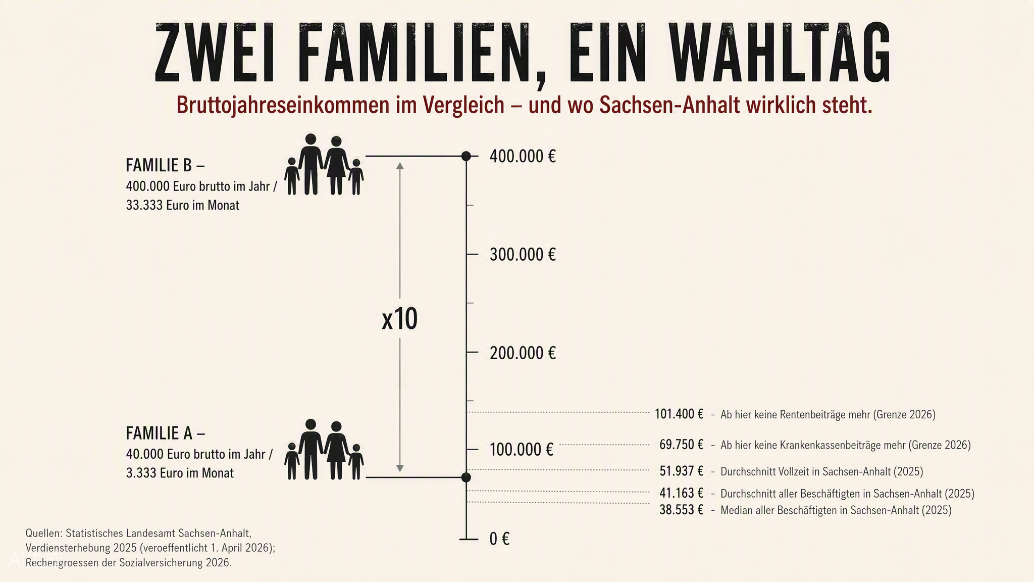 Infografik mit einer gemeinsamen Einkommensskala von 0 bis 400.000 Euro. Familie A steht bei 40.000 Euro, Familie B bei 400.000 Euro. Fünf Vergleichslinien markieren Median, Durchschnitt und Vollzeitdurchschnitt in Sachsen-Anhalt sowie die Beitragsbemessungsgrenzen 2026.