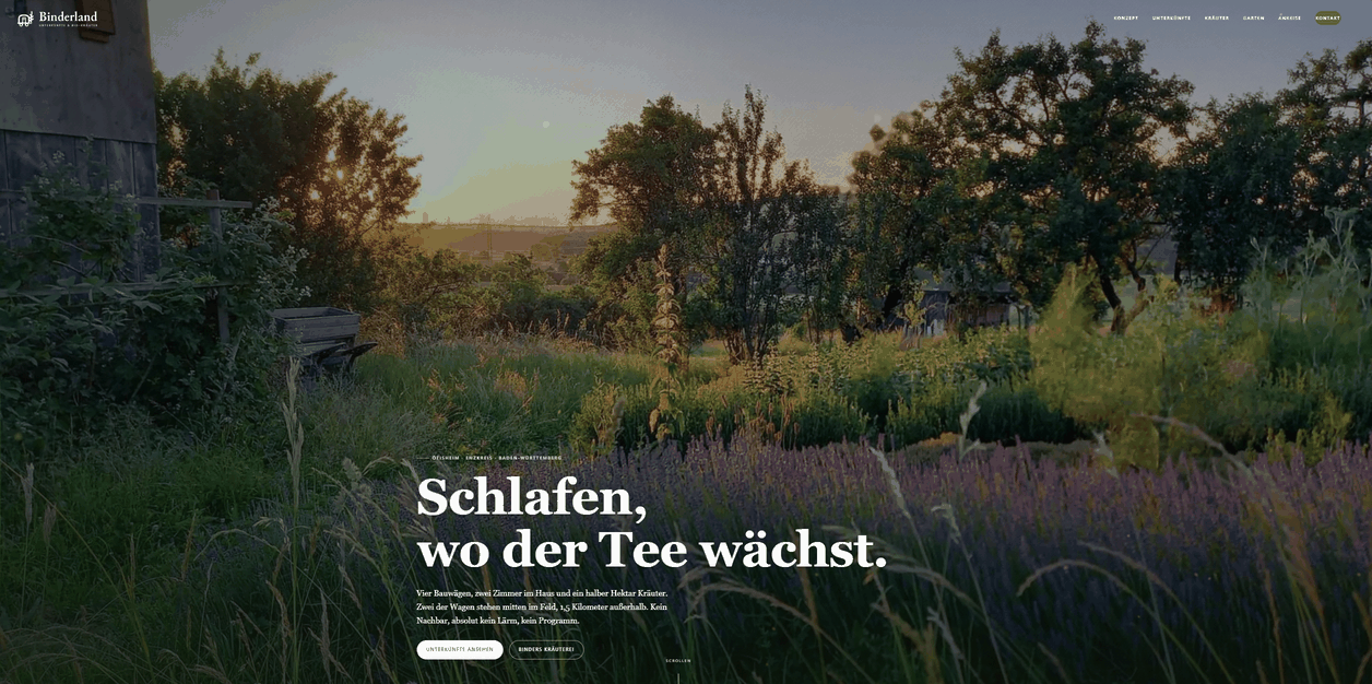 Binderland: stimmungsvolle Website mit Kräutergarten im Abendlicht