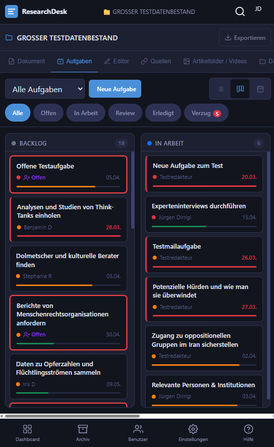 ResearchDesk: echte Programmansicht mit Aufgaben im Kanban-Board