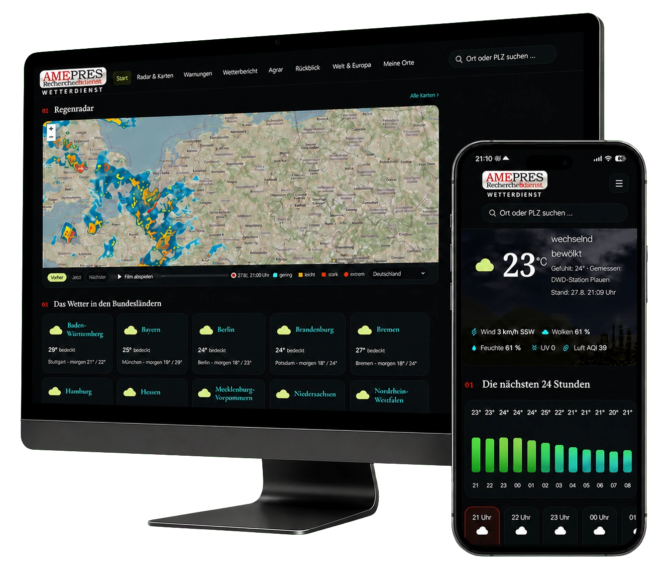 Der AMEPRES Wetterdienst auf einem Desktop-Bildschirm und einem Smartphone