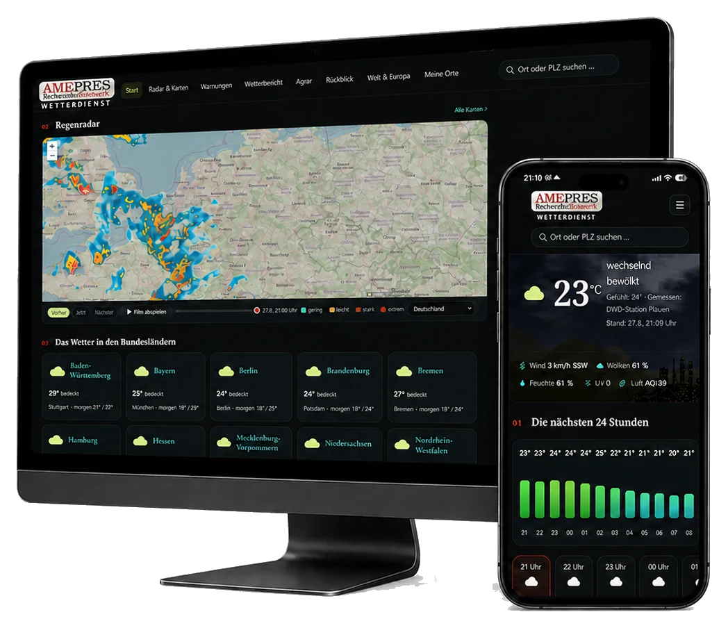 Der AMEPRES Wetterdienst auf einem Desktop-Bildschirm und einem Smartphone
