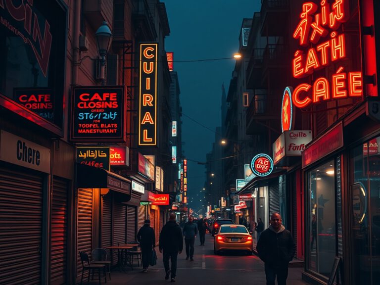Eine Straße in Kairo bei Nacht, geschlossene Restaurants und Cafés mit neonbeleuchteten Schildern.