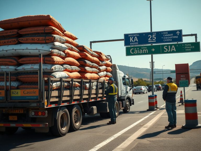 Ein Lkw mit Säcken Blumenerde wird an einer Grenzkontrolle von Zollbeamten inspiziert.