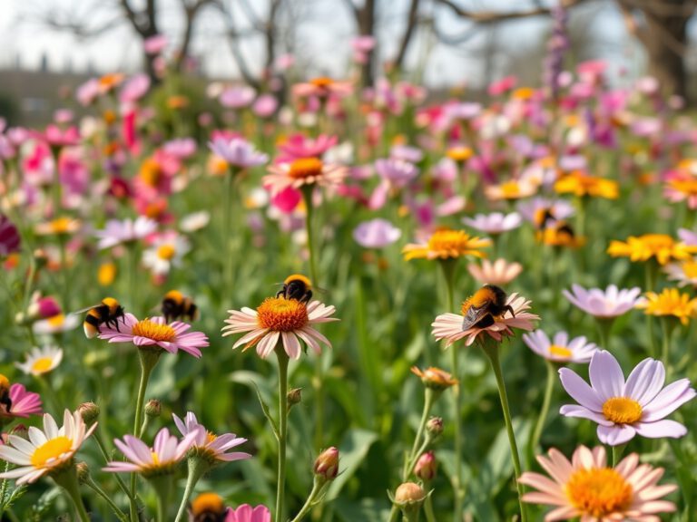 Ein blühender Frühlingsgarten mit summenden Hummeln, der die Ruhe und Schönheit der Natur einfängt.