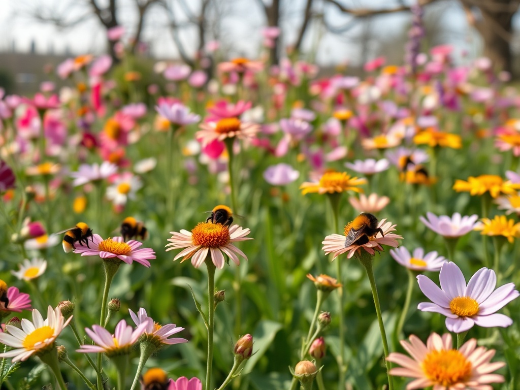 Ein blühender Frühlingsgarten mit summenden Hummeln, der die Ruhe und Schönheit der Natur einfängt.
