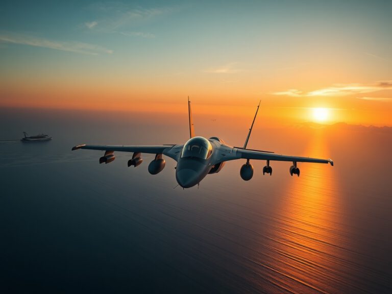 Ein Kampfflugzeug fliegt über der Straße von Hormus bei Sonnenuntergang.