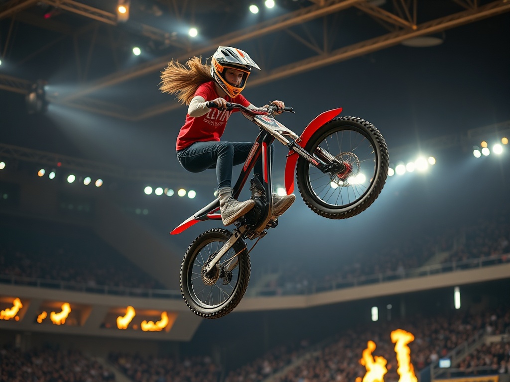 Eine junge Freestyle-Bikerin führt einen Rückwärtssalto auf ihrem Fahrrad in einer spektakulären Arena-Szene aus.