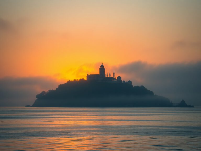 Die Gefängnisinsel Alcatraz in der Bucht von San Francisco bei Sonnenuntergang.