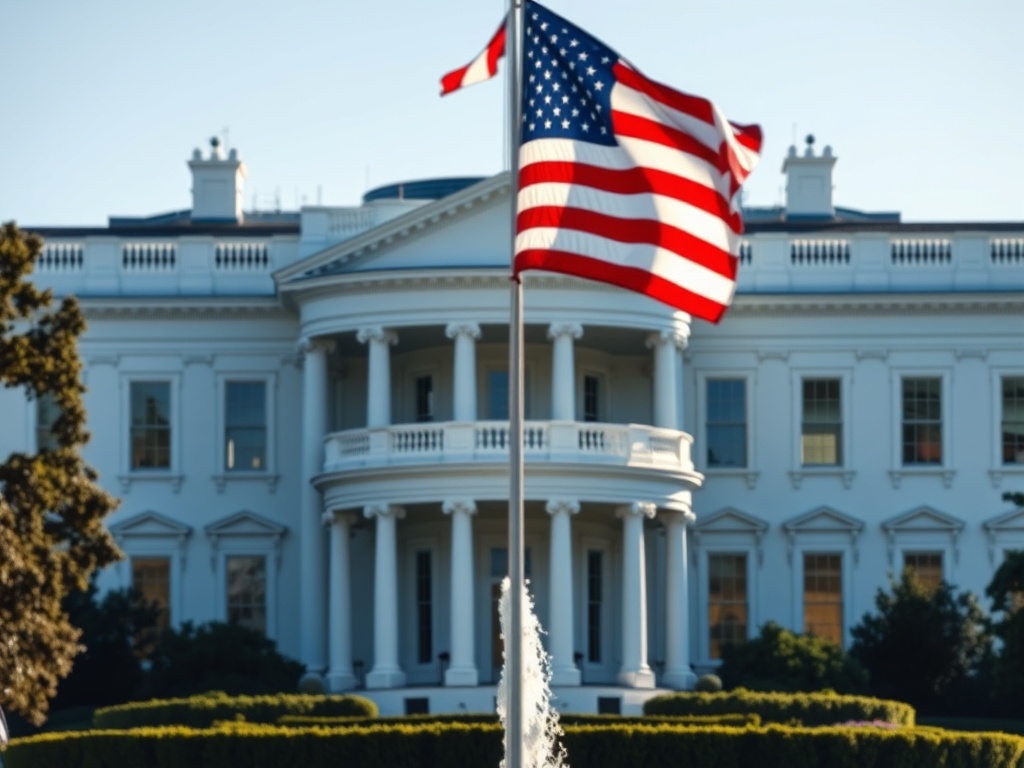 Das Weiße Haus in Washington D.C. mit der amerikanischen Flagge im Vordergrund.